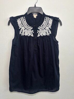 J.Crew Sleeveless Embroidered Top Womens 00 Navy White Cotton Blouse F3495